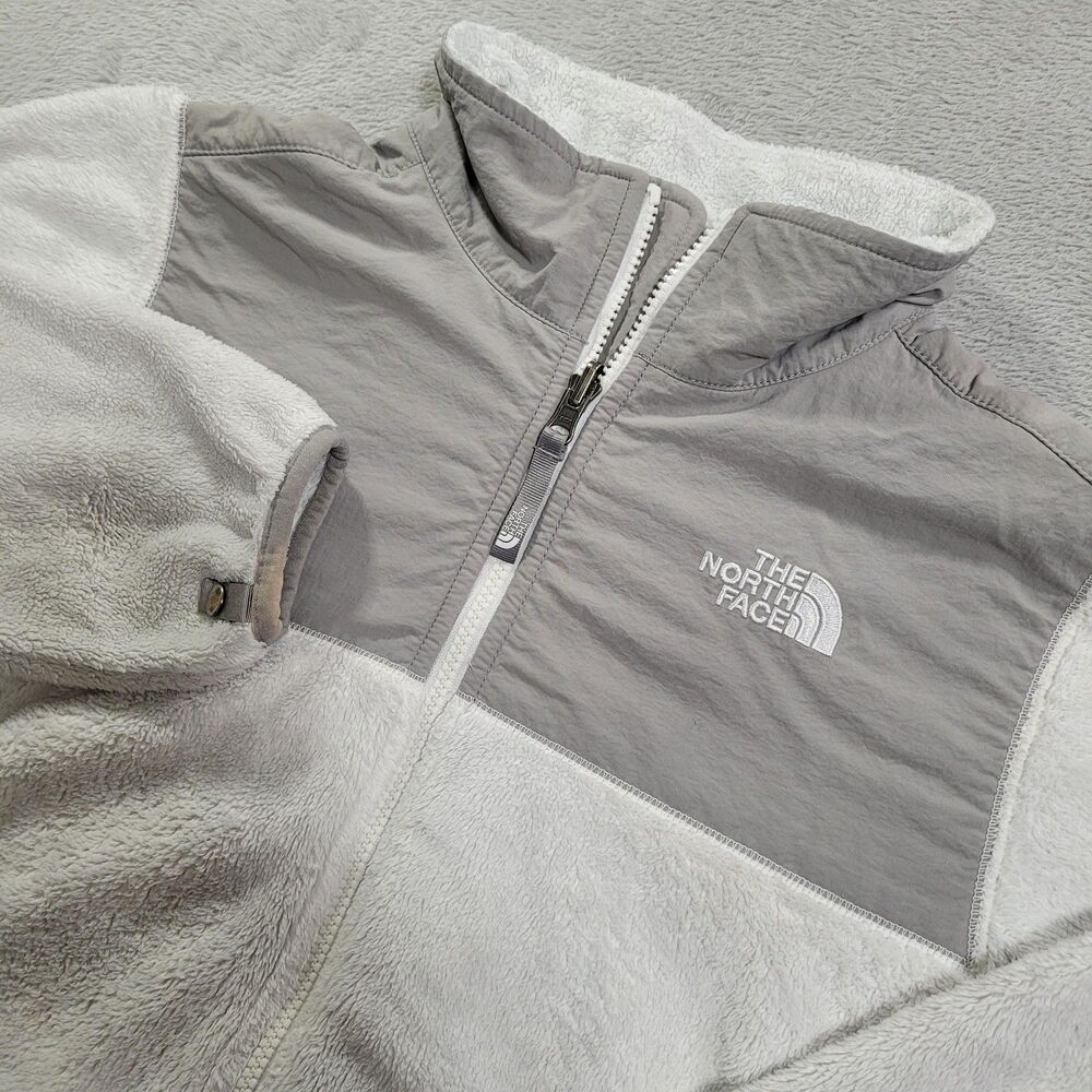 The North Face Jacket Girls XL White Gray Fleece Hooded Full Zip Pockets Sherpa
